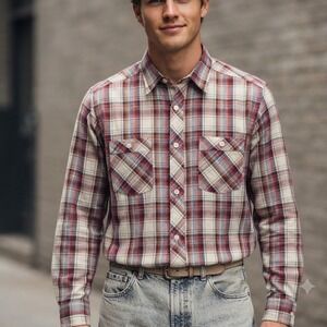 Vintage Career Club Tall Man Plaid Button Down Shirt USA Red Orange 16 L 16.5